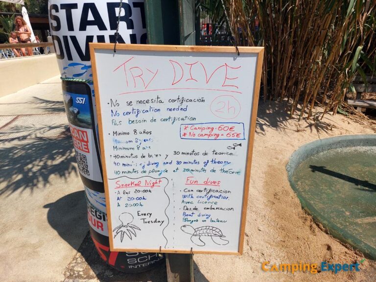 Prijslijst van de duikschool op Camping Cala Gogo